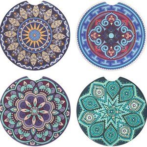 Free People 4 Pack 2.56 inch Absorbent, Mandala Ceramic Car Coasters for Drinks